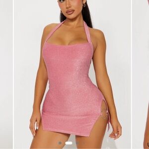 Pink glitter Mini halter Dress with Ring Detail - medium